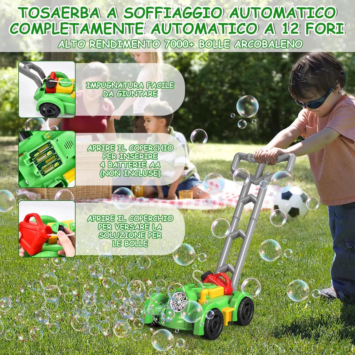 Herefun Tosaerba a Bolle per Bambini, Macchina Automatica per Soffiatore di Bolle, Giocattoli Estivi da Giardinaggio All'aperto, Regali per Bambini di Oltre 3 Anni (Verde)