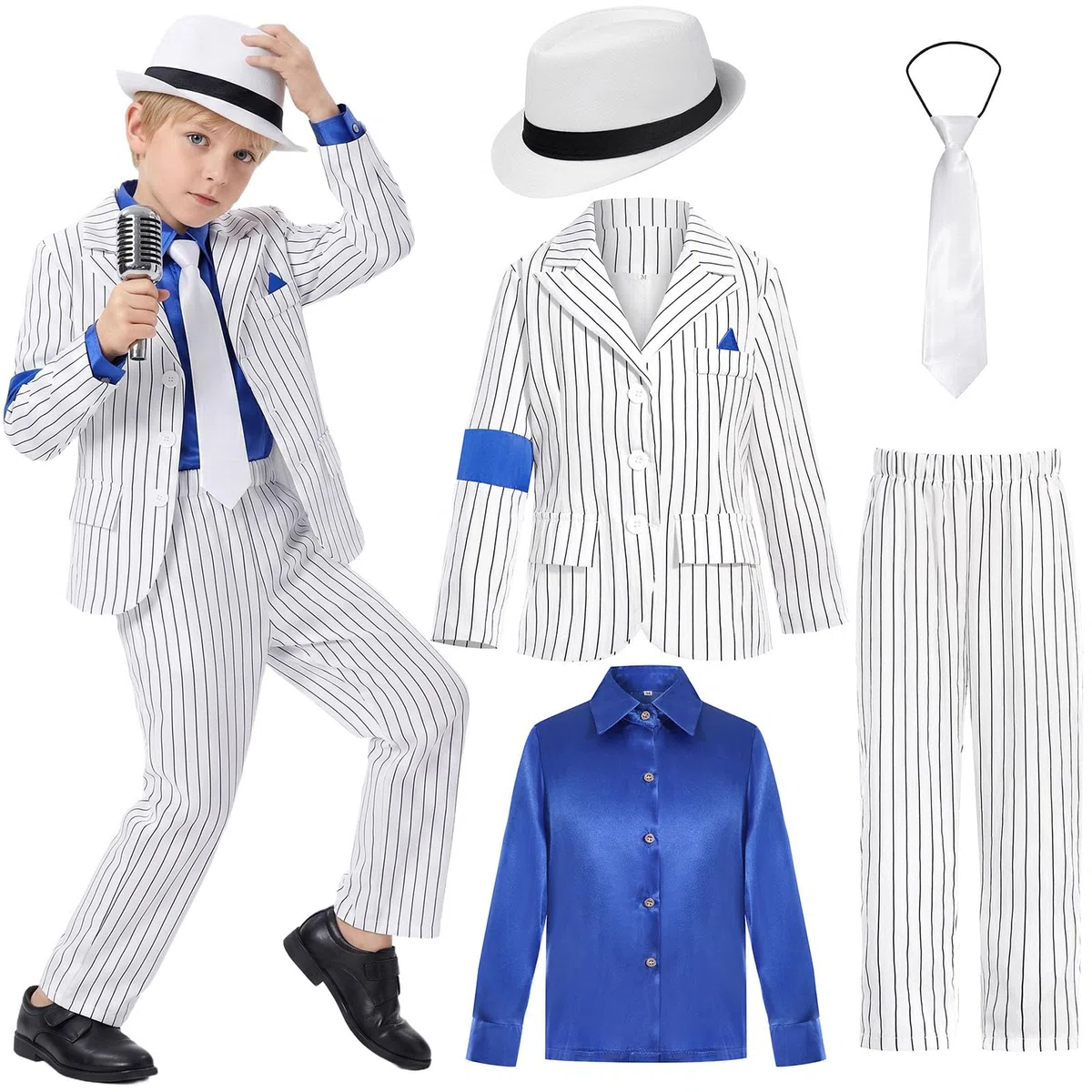 Costumi di Halloween per Bambini Ragazzi 5-11 Anni Michael Jackson Abbigliamento Stage Performance Dancewear,Set 6 Pezzi con Giacca Nera con Paillettes,Pantaloni, Cappello,Guanto Spettacoli Halloween