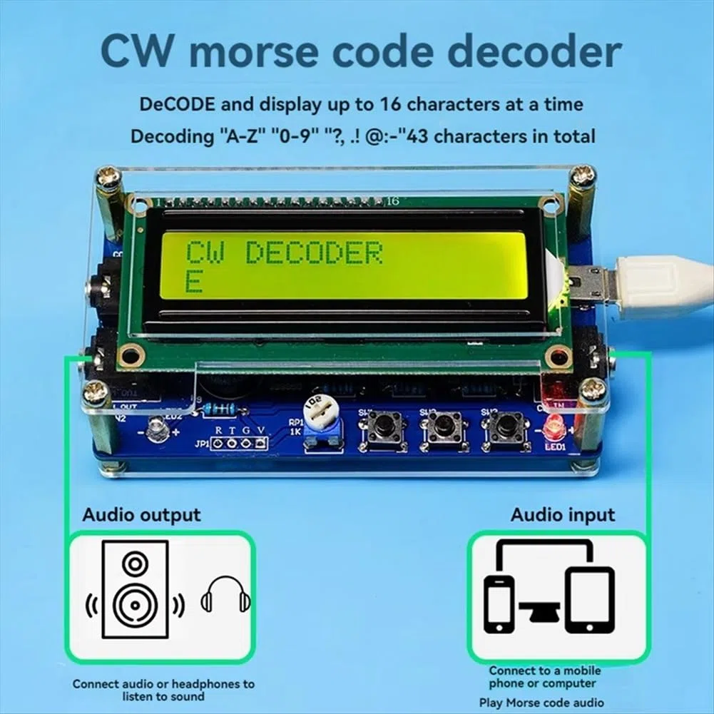 Decoder Morse Code CW Aggiornato Completato +Kit +Pulsante con Display Digitale LCD CW Trainer Morse Code Decoder Kit