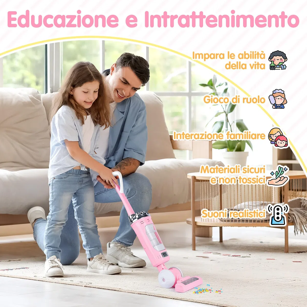 PLAY 2 in 1 Aspirapolvere Giocattolo Bambini, Aspirapolvere Funzionante con Particelle EVA, Effetto di Aspirazione e Suono Realistico, Set Pulizia Giocattolo per Bambini 3+ Anni (Rosa)