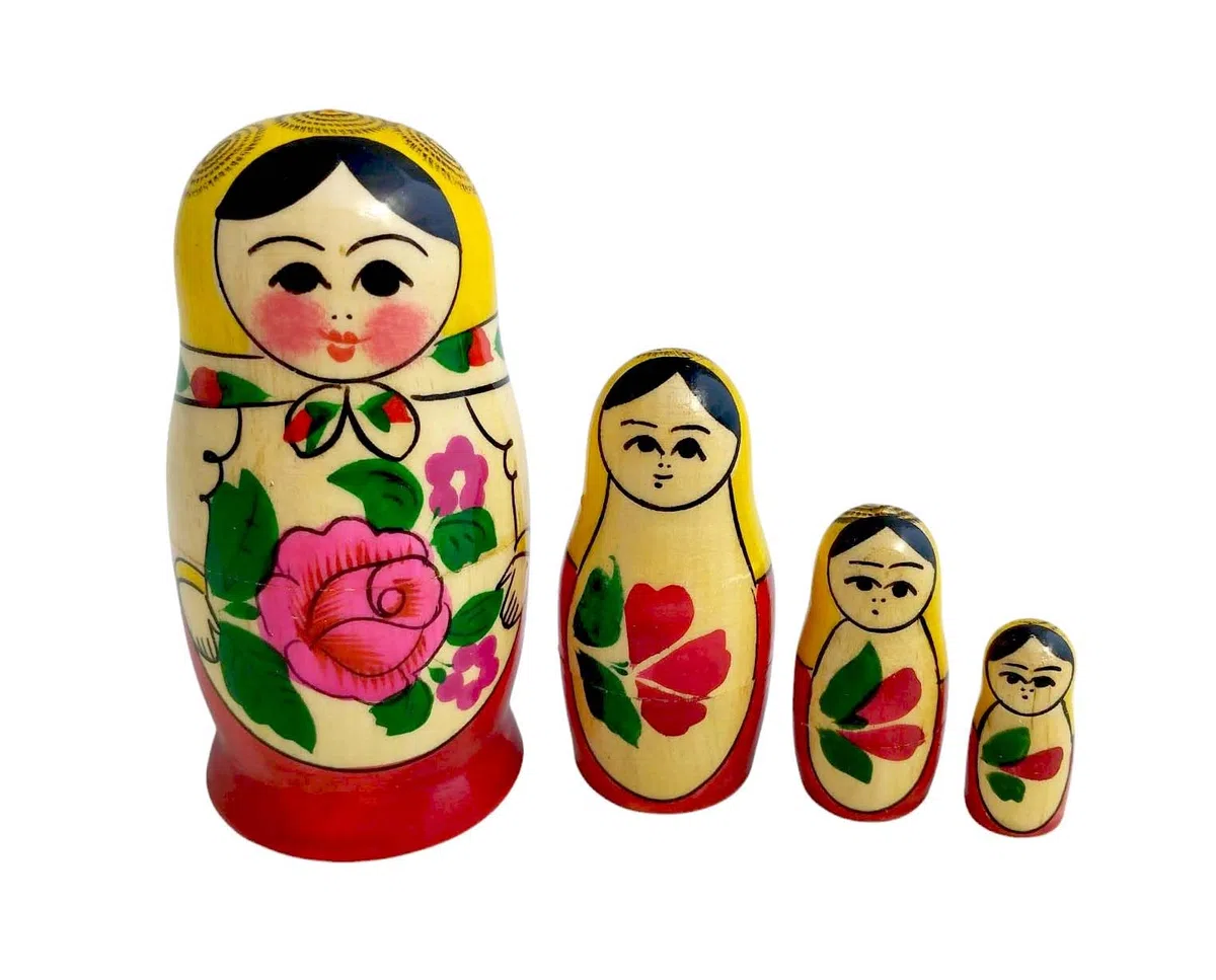 Semenovskaya Matriochka Babushka - Set di 4 bambole russe in legno, 9 cm, colore: Rospis