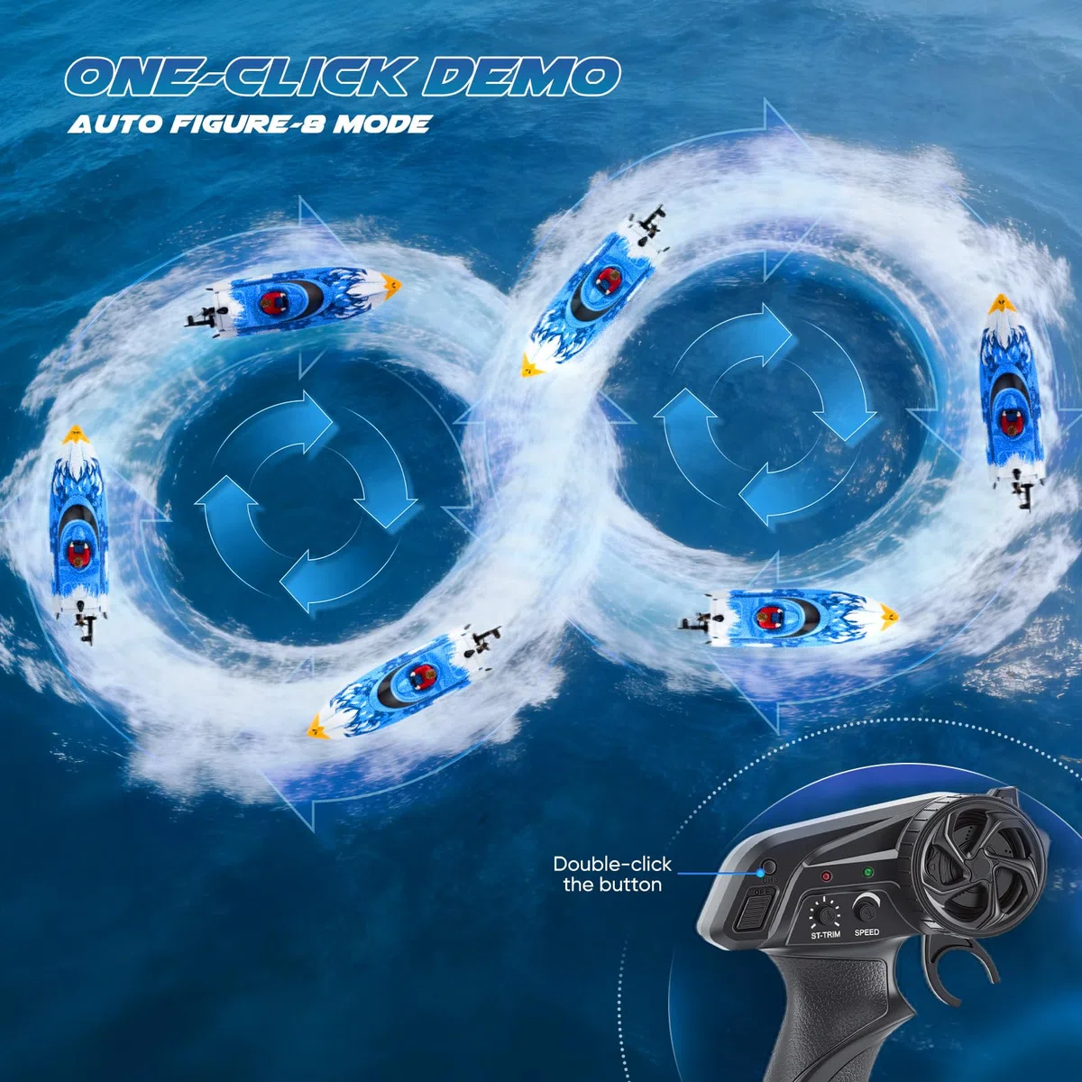 Barca RC telecomandata 25 km/h Telecomando a 2,4 GHz con portata di 120 m Motoscafo impermeabile con LED e funzione di ribaltamento 2 batterie e raffreddamento ad acqua per piscina, lago, blu