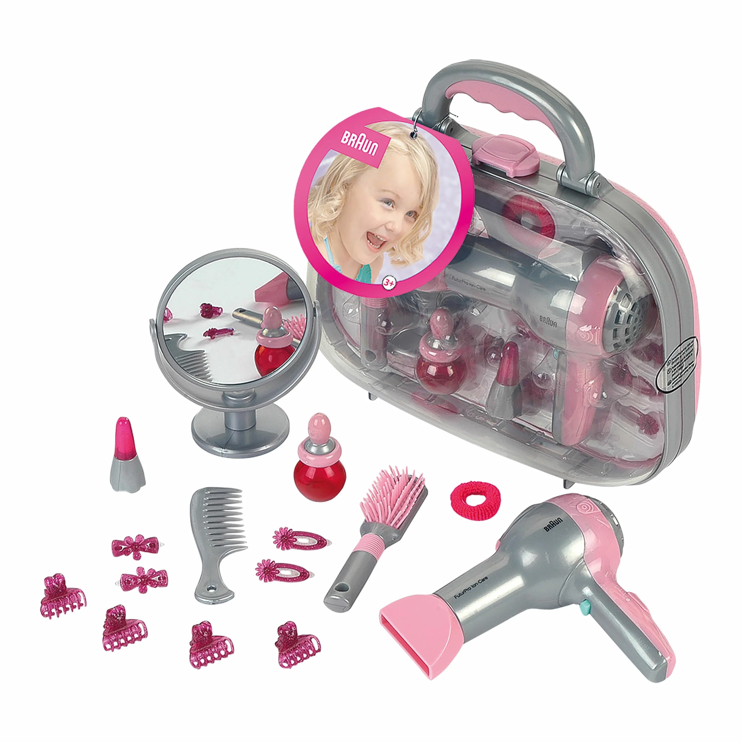 Theo Klein 5855 Valigetta del Parrucchiere con Asciugacapelli Braun, Specchio, Pettine e Accessori Styling, con Phon a Batterie, 27.5 cm x 11 cm x 22.2 cm, Giocattolo per Bambini a Partire dai 3 Anni