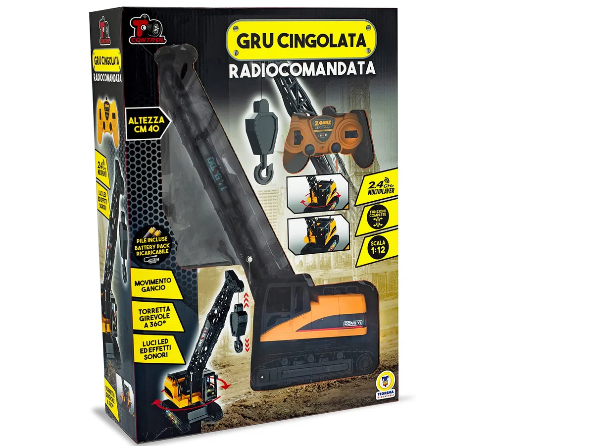 Teorema Giocattoli, Gru Cingolata Radiocomandata Scala 1:12, Gru Giocattolo per Bambini Alta 40cm con Luci e Suoni Realistici, Telecomando 2.4GHz Multiplayer, Batteria Ricaricabile Inclusa