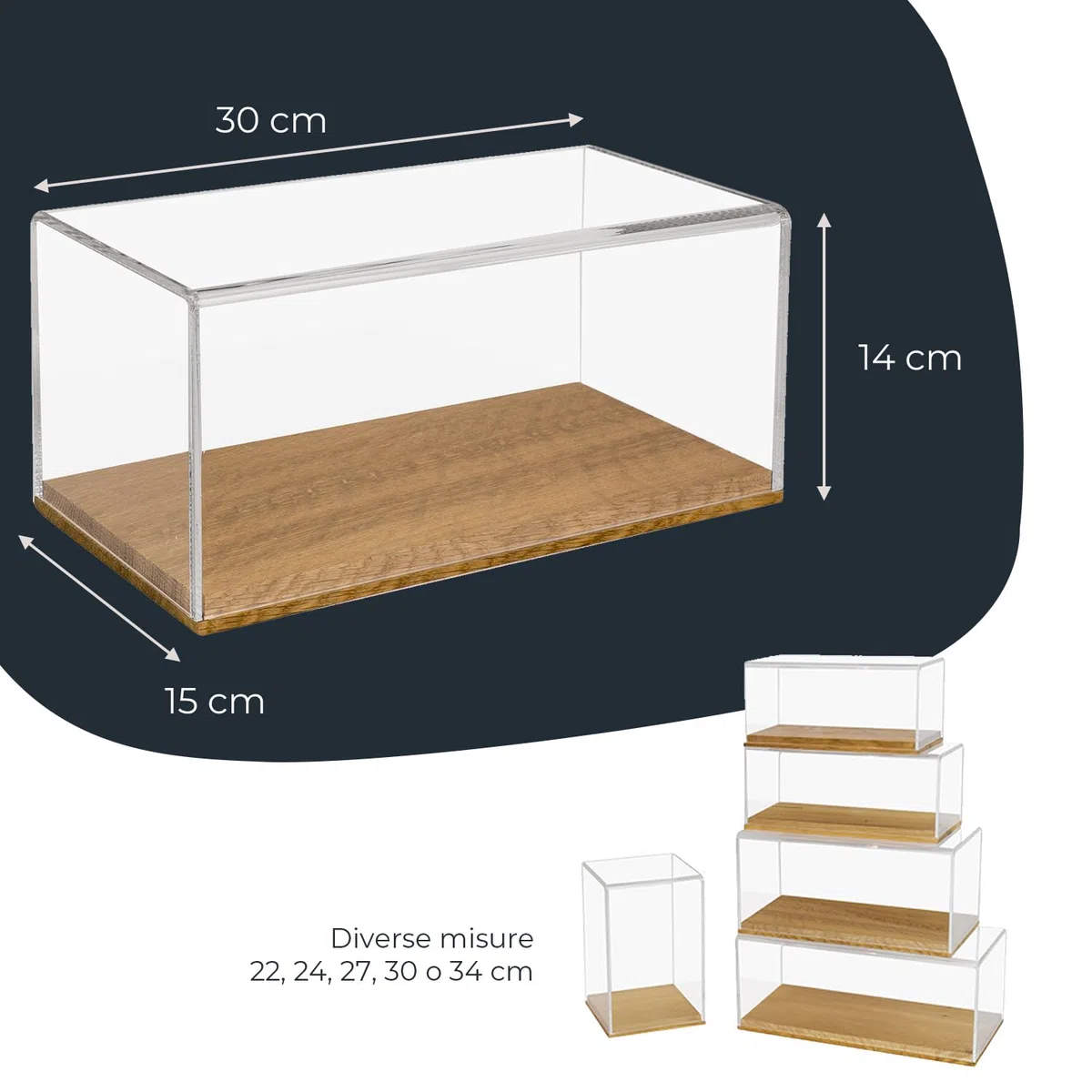 HMF 46873 Vetrina espositiva, Vetrina acrilica con base in legno per figurine | 30 x 15 x 14 cm | Trasparente