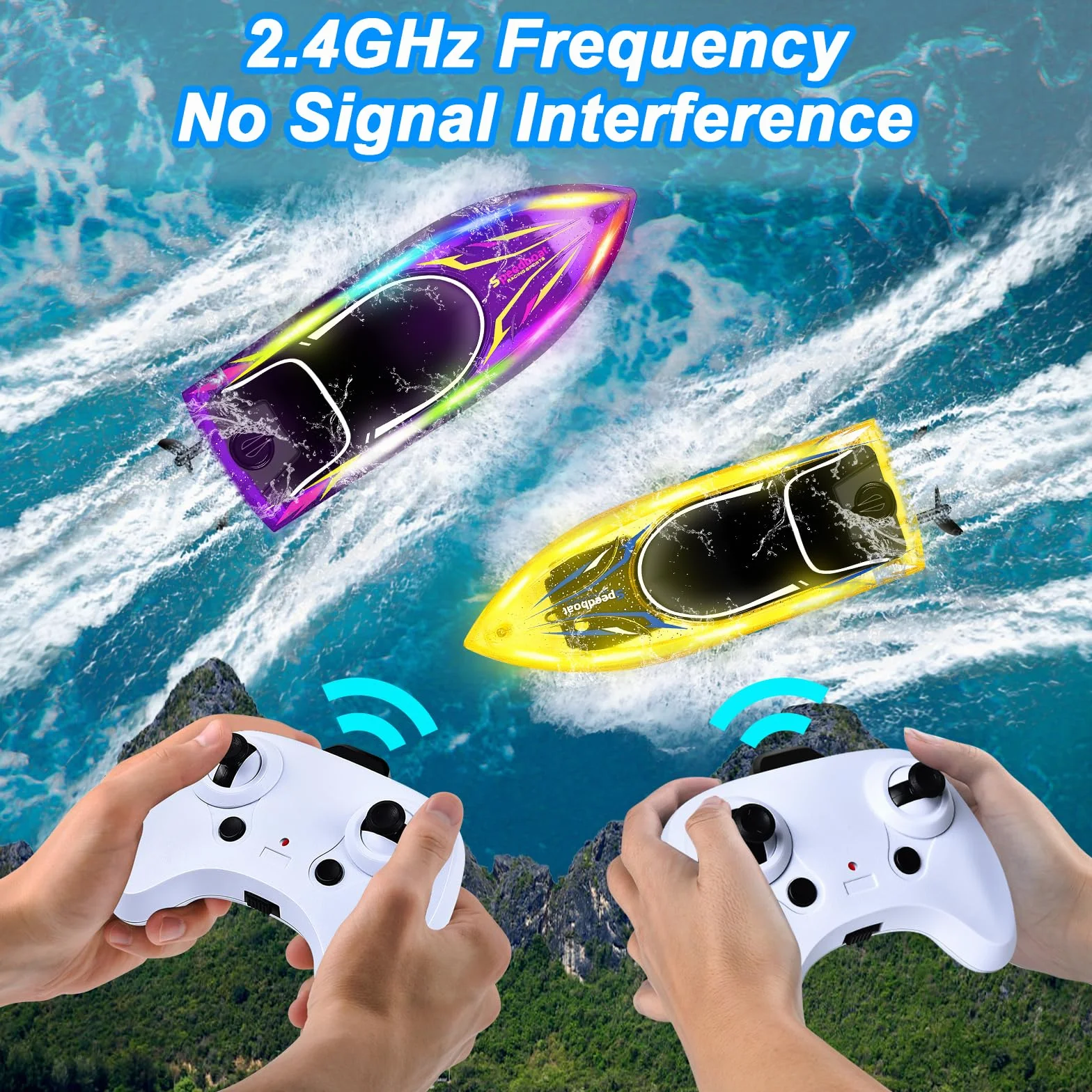 JONRRYIN Barca Telecomandata 2 Pezzi, RC Barca da Corsa con Luce LED, Race Barca Telecomandata Impermeabile per Adulti e Bambini, Barca RC 2,4 GHz per Piscine e Laghi