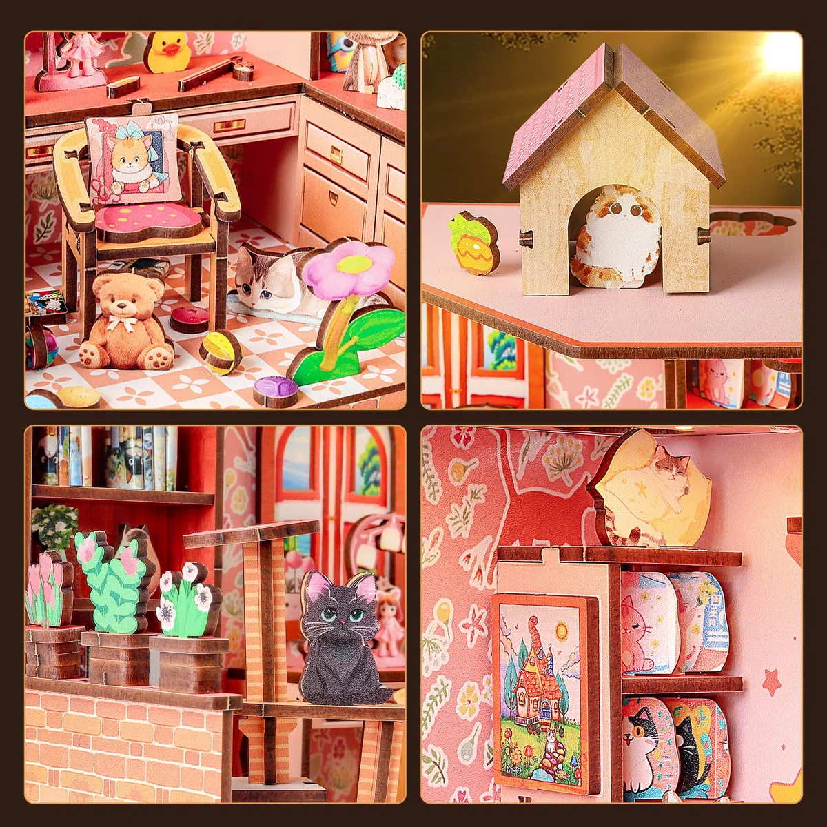 Cuteefun Miniature Casa delle Bambole, Kit da Casa di Bambole in Legno con LED, Struttura a Incastro, Facile da Assemblare, Regalo per Compleanni, Natale e Halloween (Casetta per Gatti)