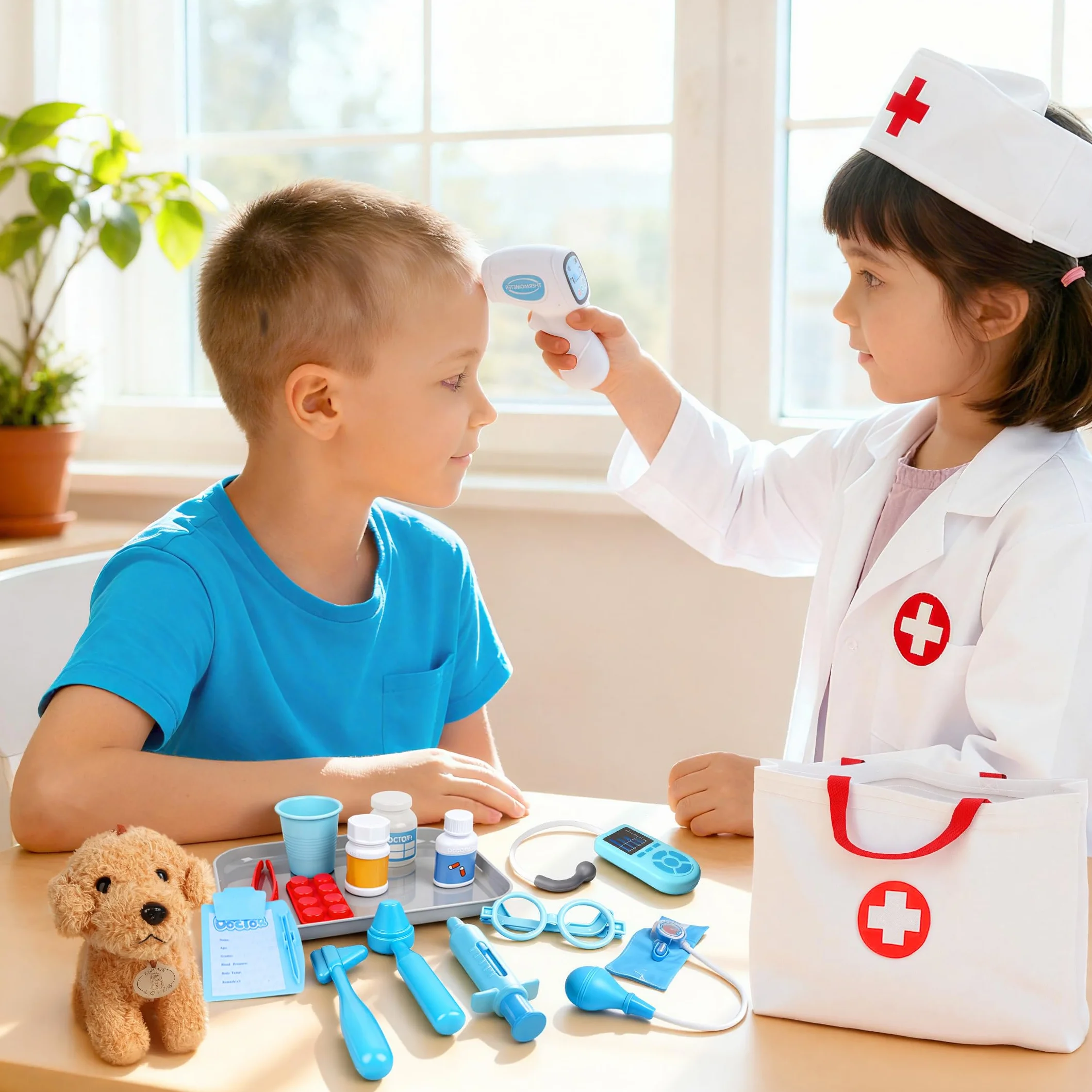 Valigetta Medica per Bambini Dai 3 Anni in su, con Cane in Peluche, Stetoscopio, Borsa Medica e Camice Medico, Giocattolo Veterinario, Regalo per Ragazzi e Ragazze, Giochi di Ruolo
