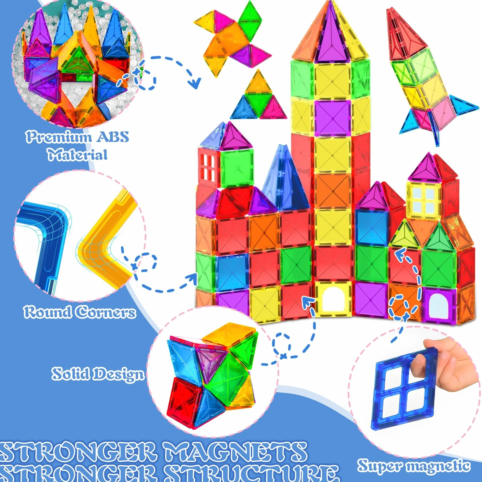 50 PCS Costruzioni Magnetiche per Bambini, Blocchi Magnetici Colorati Quadrati e Triangolari, Forte Adesione Magnetica, Con Sacchetto di Stoccaggio e Manuale, Adatto a Bambini dai 3 Anni