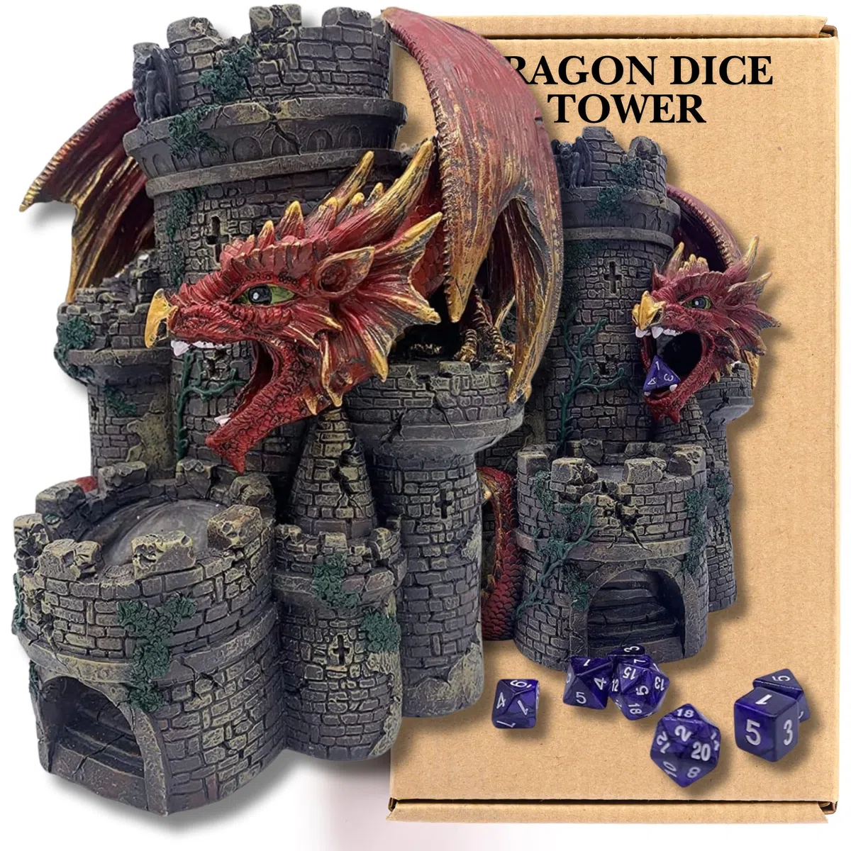 Torre dei dadi del drago rosso - Torre rotante in resina dipinta a mano da 26 cm - Perfetto per DnD, RPG e RPG da tavolo - Incredibile regalo GM
