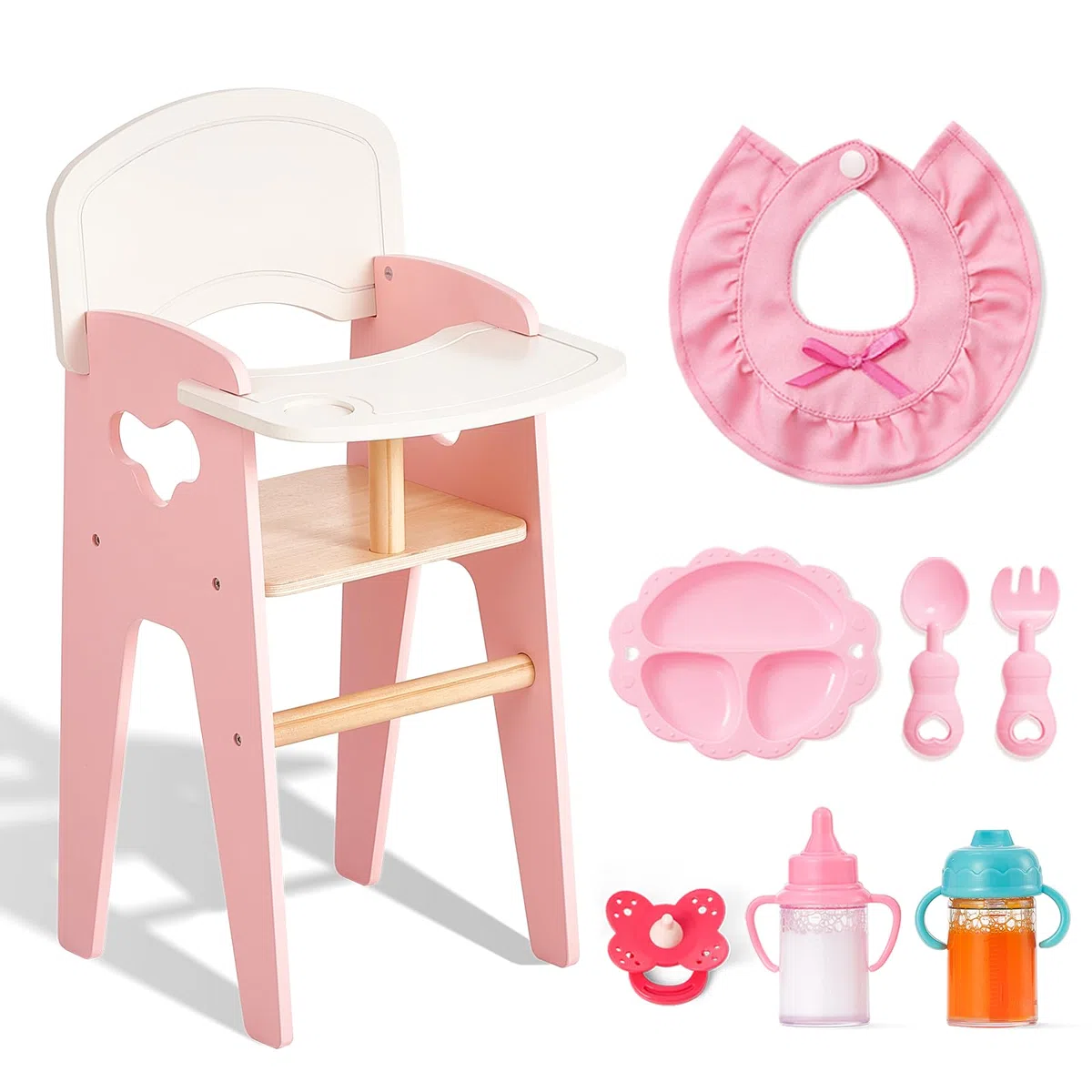 Giant bean Doll High Chair - Seggiolone in legno 2 in 1 con sgabello, con 6 accessori per bambole