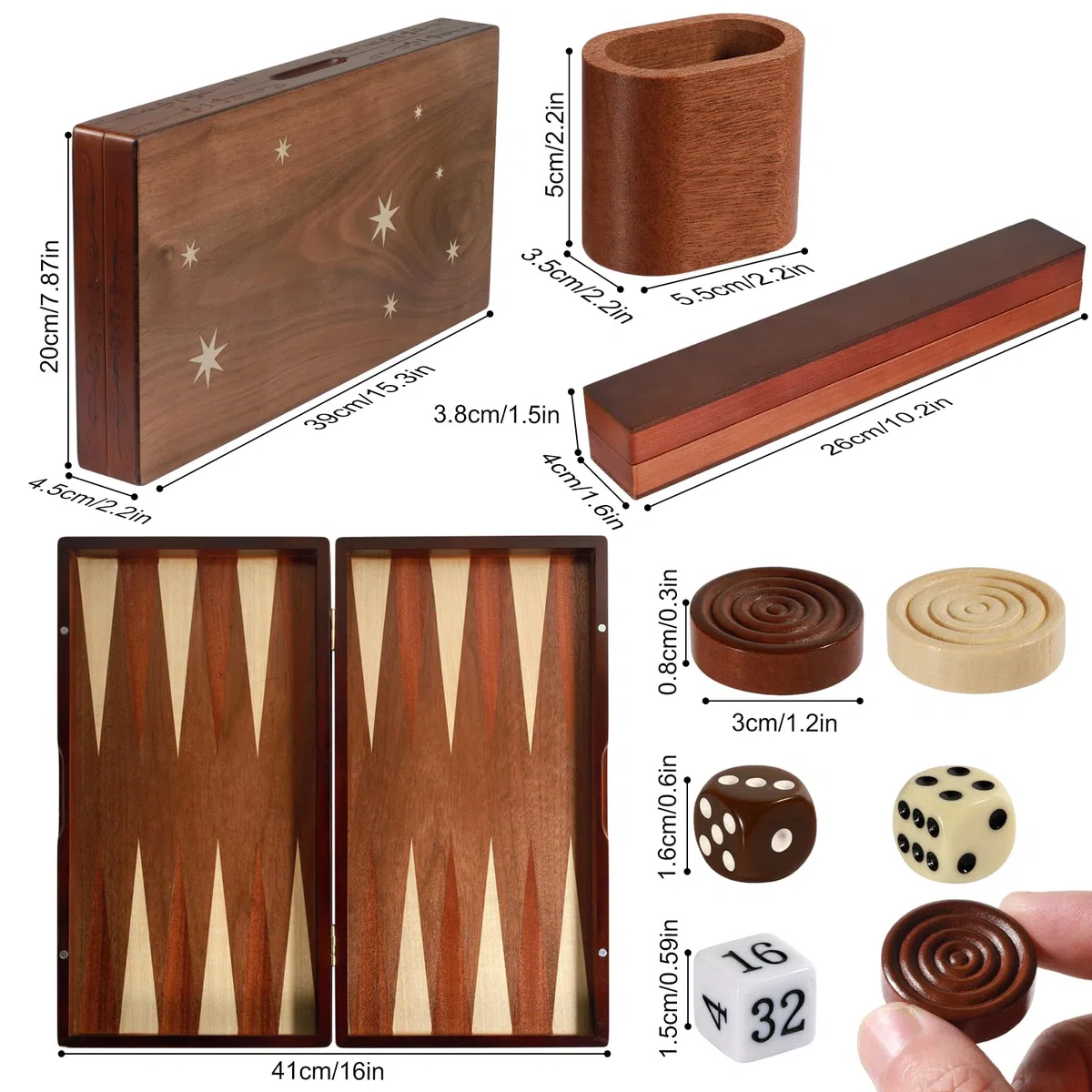 Lussuoso set da backgammon in legno fatto a mano - grande tavola da viaggio pieghevole da 16'' (40,6 cm) con pezzi di grandi dimensioni e scatola portaoggetti, gioco di strategia premium per due