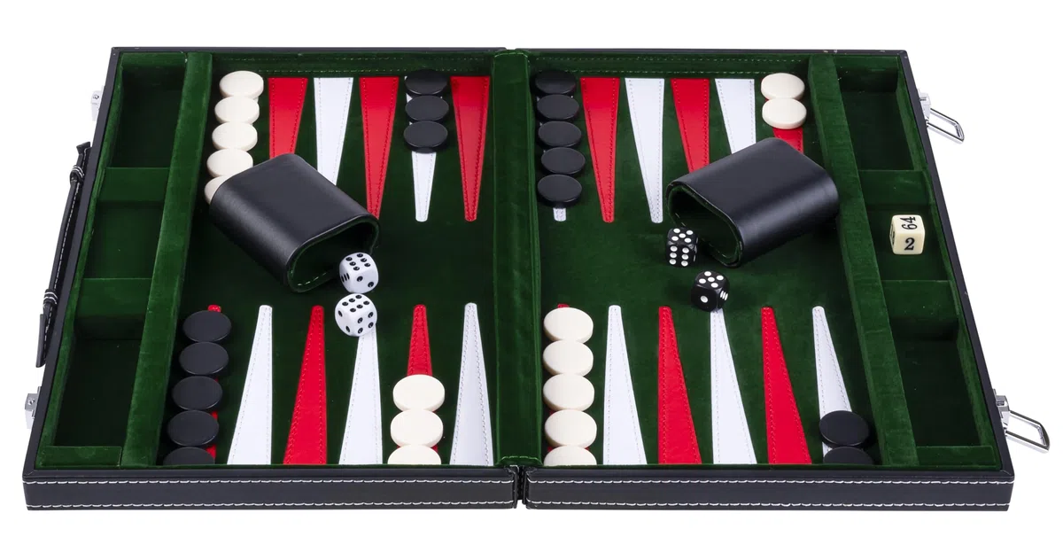 Engelhart – 250517 – Backgammon 15” (38 cm) in Similpelle Cucita – Tavola con Velluto e Cuciture – Aperta: 36x48 cm – Verde, Rosso, Bianco – Gioco da Tavolo Portatile per 2 Giocatori