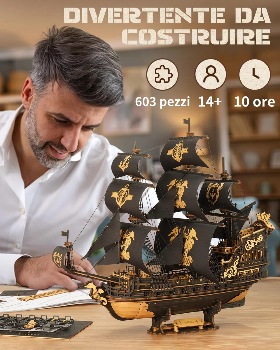 ROKR Kit di Modelli di Barche in Legno Con Puzzle 3D per Adulti, Barca a Vela Fai Da Te Meccanica, Kit di Modelli per Adulti, The Seahorse Barque MCB02