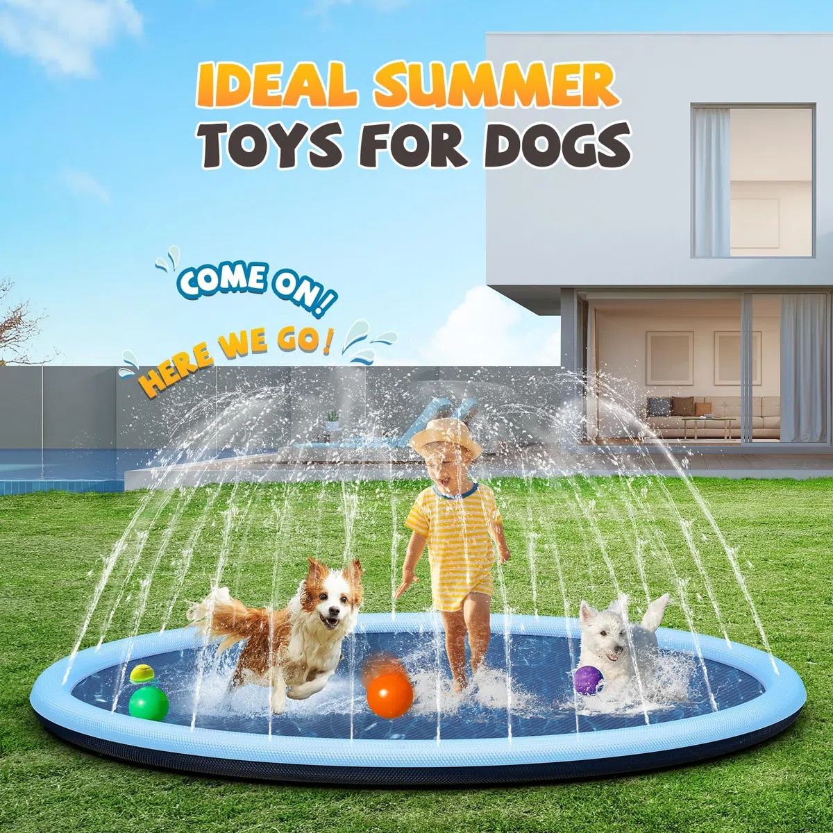 Spruzzatore d'acqua per bambino, 200cm Giocattolo Acquatico per bambino, Giochi all'aperto, Irrigatore e Piscina per Cani con Funzione Antiscivolo