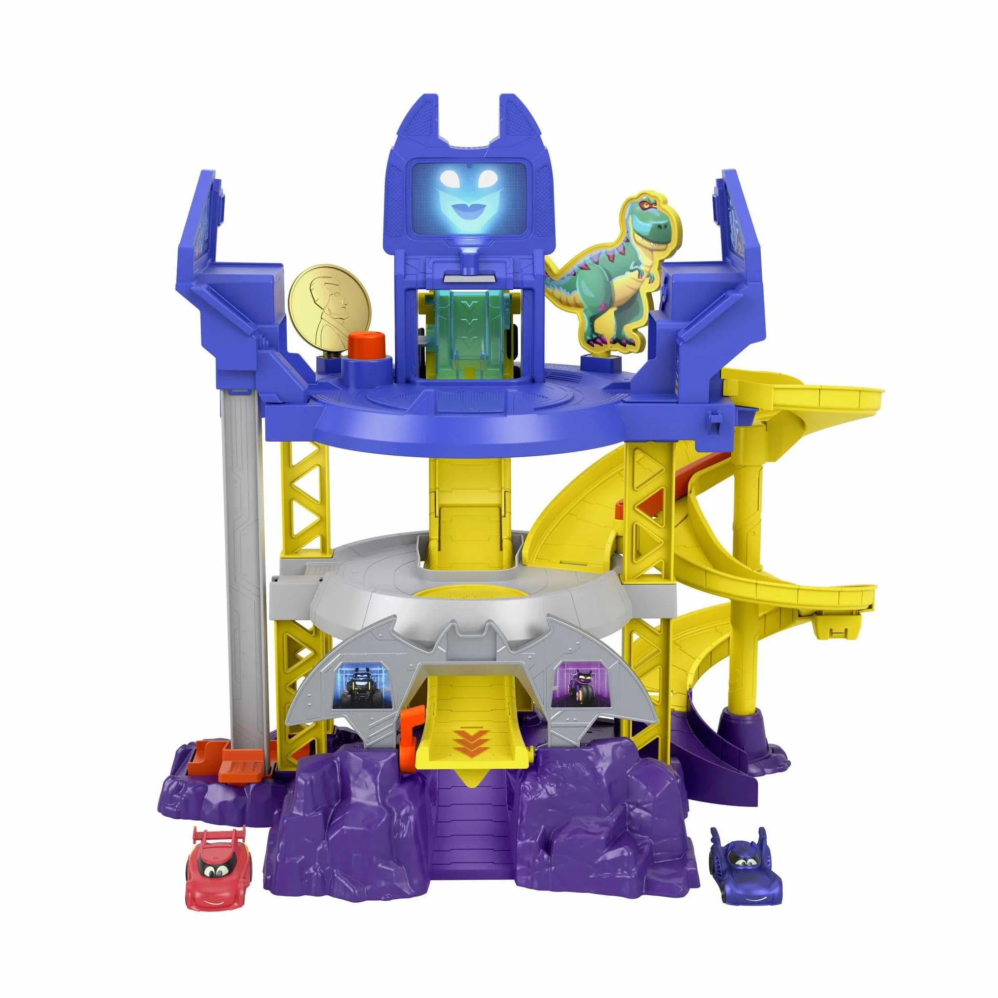 Fisher-Price DC Batwheels - Batcaverna Lancia e Sfreccia, playset con 3 piani di gioco, luci e suoni, veicoli Bam la Batmobile e Redbird inclusi, giocattolo per bambini, 3+ anni, HRJ21
