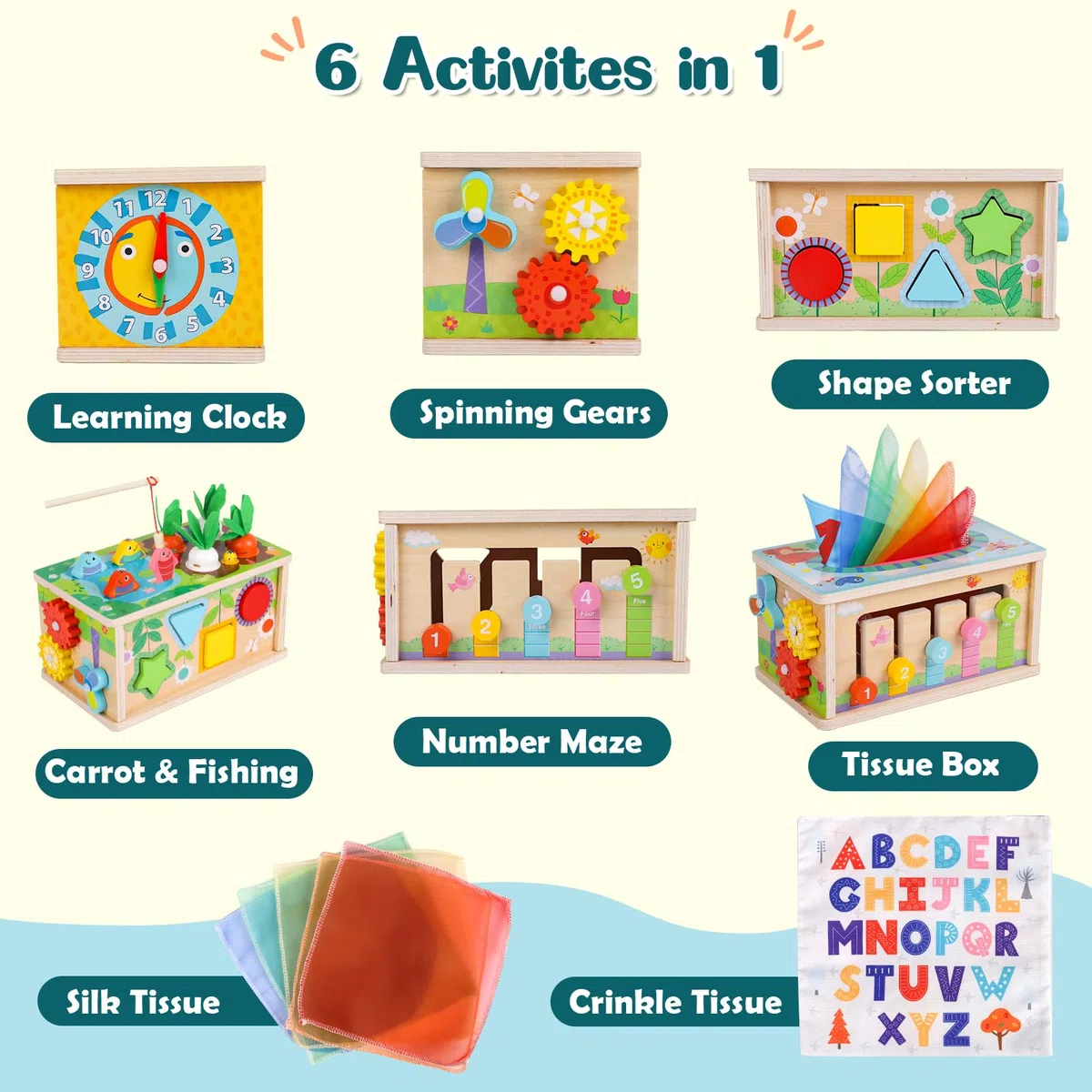 LZDMY Giochi Montessori Bambino 6-18 Mesi, 6 in 1 Scatola Fazzoletti Montessori Bambini 1 2 Anno Bambina,Cubo Multiattivita Legno, Giocattoli Educativi Sensoriali, Giochi Pesca, Giochi Neonato Regalo