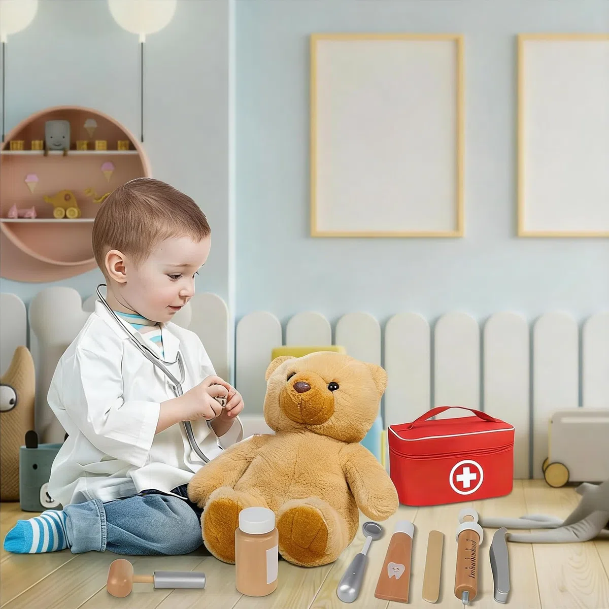 Valigetta Dottore Bambini Legno con vero Stetoscopio Borsa Dottore Gioco Attrezzo Medico Giocattolo a Partire dai 3 4 5 6 Anni