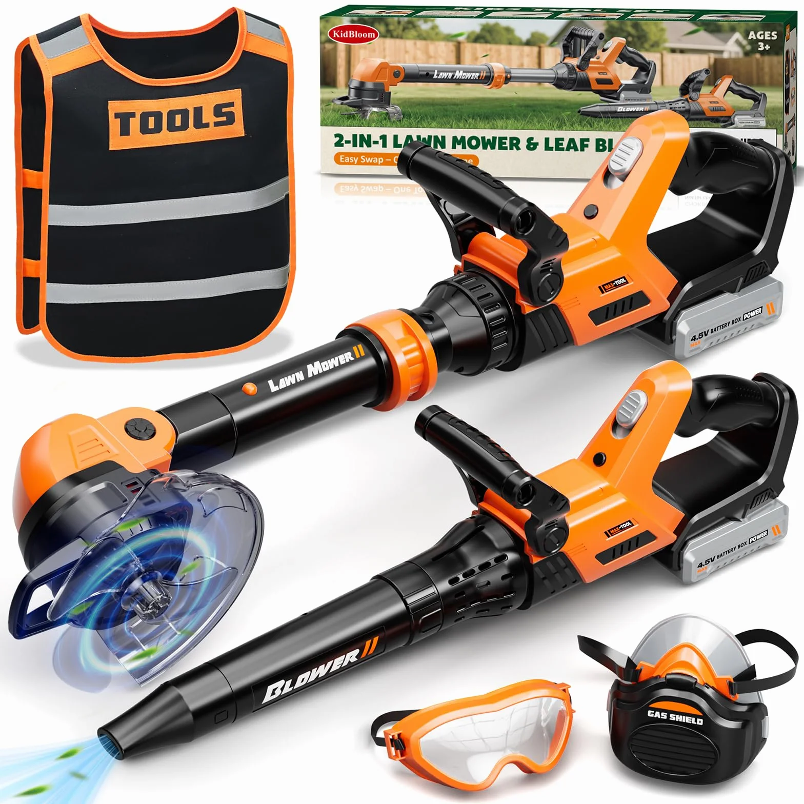 KidBloom 2 in 1 Attrezzi da Lavoro Bambini, Decespugliatore Giocattolo & Soffiatore Foglie con Suoni, Giochi da Giardino per Bambini, Giochi Bambino 3 Anni