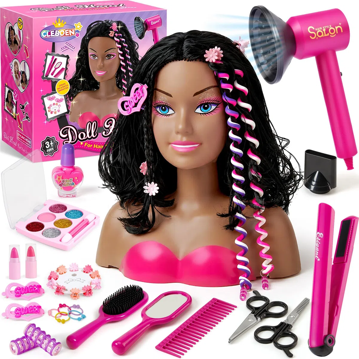 Tacobear Testa Bambola da Truccare e Pettinare con Smalto Unghie Trucchi Asciugacapelli Giocattolo Piastra Accessori per Capelli Set Parrucchiera Giochi Bambina Regalo 3 4 5 6 7 8 Anni