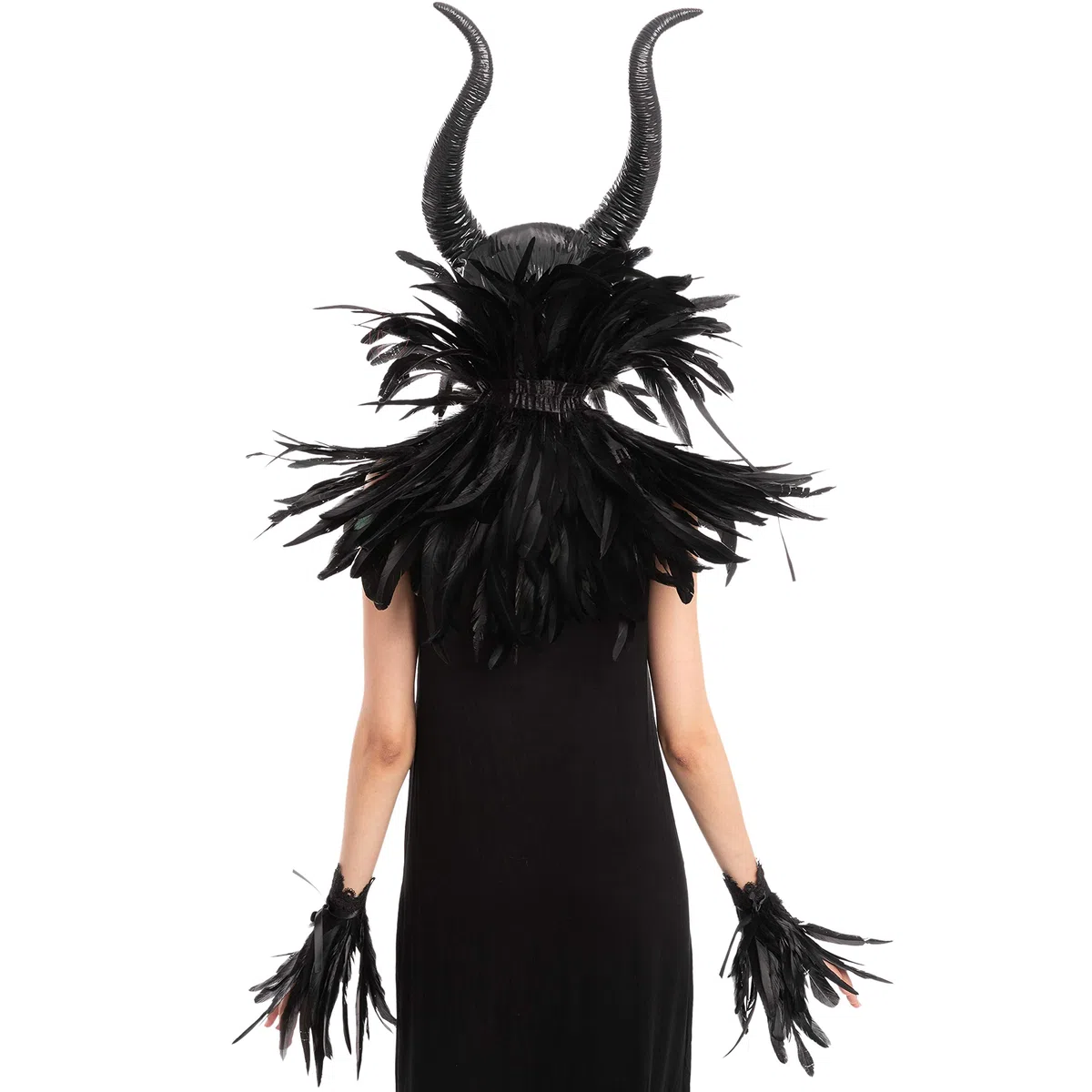 Spooktacular Creations Set di accessori Black Evil Queen con corno, scialle di piume e polsini di piume per Halloween Cosplay Party Gothic Crow Costume Dress Up