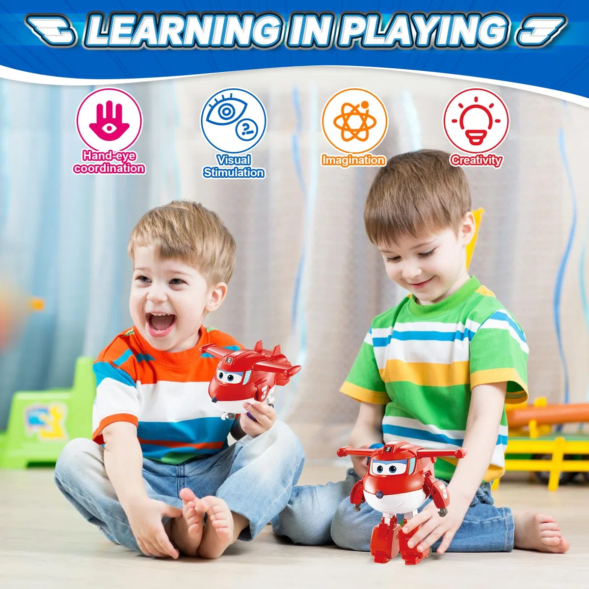 Super Wings Transformable aeroplano Supercharged Jett, altezza circa 12,7 cm, Figura d'azione 2 in 1, aeroplano giocattolo e figura robotica per bambini e bambine a partire da 3 anni