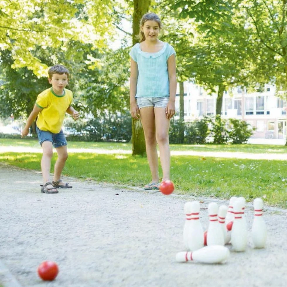 BS Toys Bowling in Legno - Birilli per Bambini & Adulti - Per Interni & Esterni - Giochi da Tavolo - Ideale per Bambini dai 3 Anni - Betulla di Alta Qualità - Set Blu, Rosa & Giallo