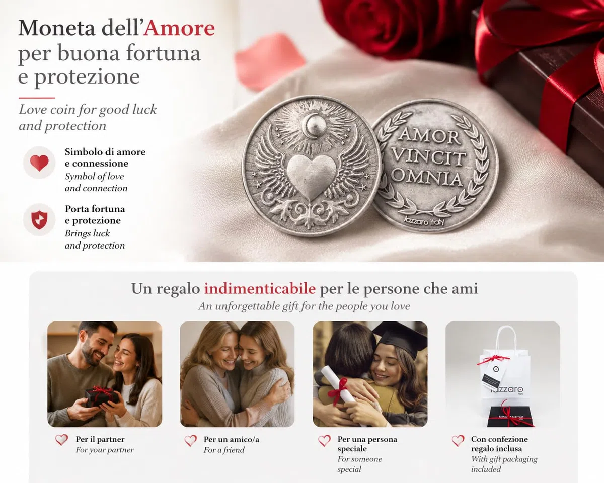 Moneta dell'amore per fortuna e protezione: "Amor vincit omnia" - Idea regalo donna, uomo, mamma, nonni – San Valentino, compleanni, ricorrenze – Metallo placcato argento – Made in Italy