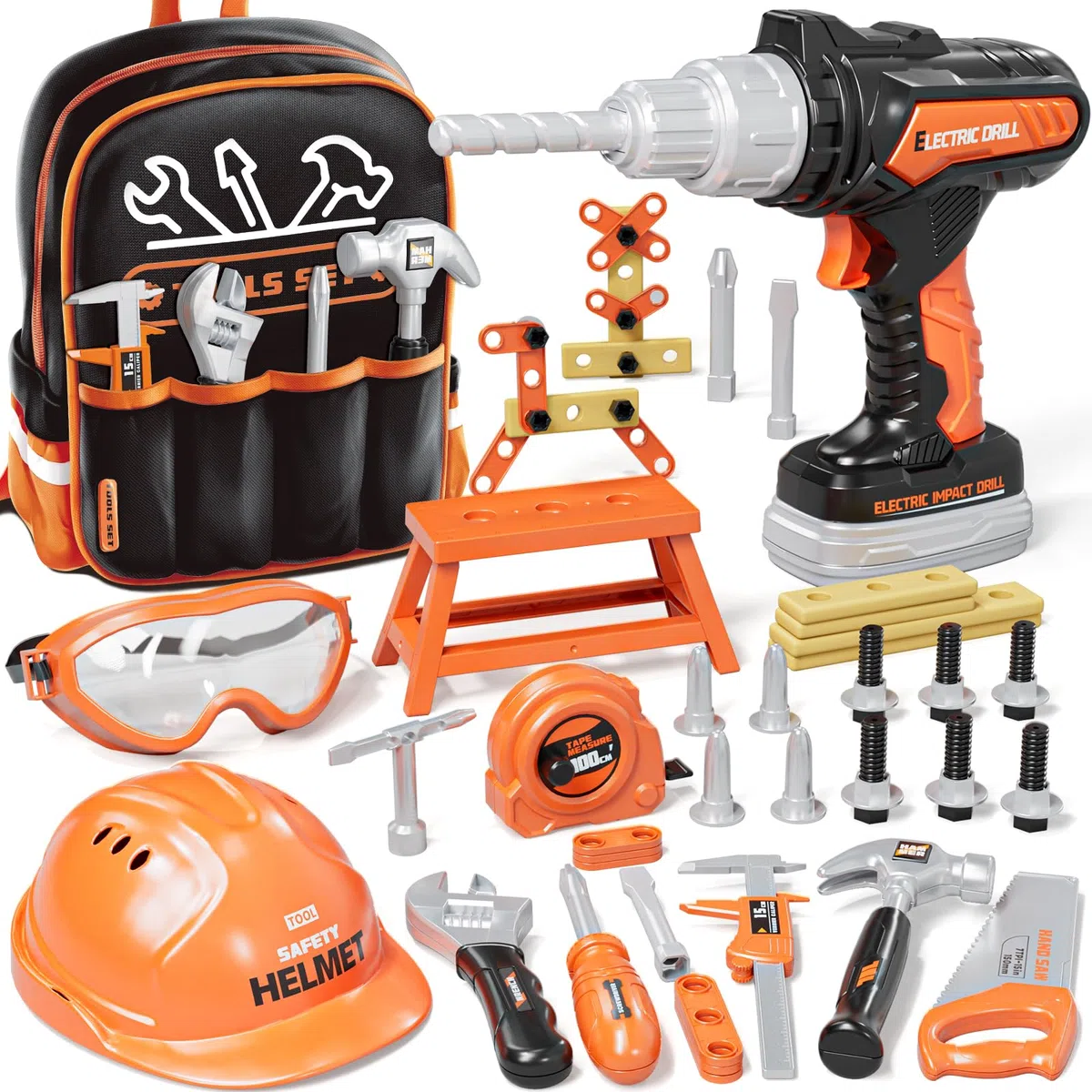 KidBloom 50 Pezzi Giochi Bimbo 3 Anni Attrezzi Giocattolo Bambini, Cassetta Attrezzi Bambini con Trapano Giocattolo, Regalo Bambino 3 4 5 Anni | Set di attrezzi per bambini con trapano elettronico giocattolo, casco di sicurezza, parti fai da te