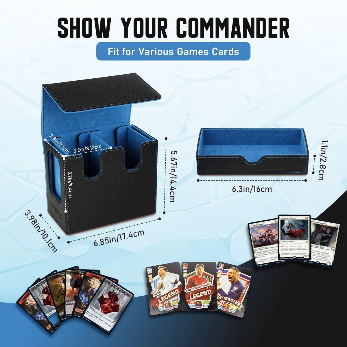 TiMOVO MTG Scatola del Mazzo di Carte Commander con Comandante del Display e Vassoio per Dadi Adatto a 400+ carte non sfoderate, Custodia magnetica in pelle per carte per TCG CCG Magic Cards,Nero+Blu