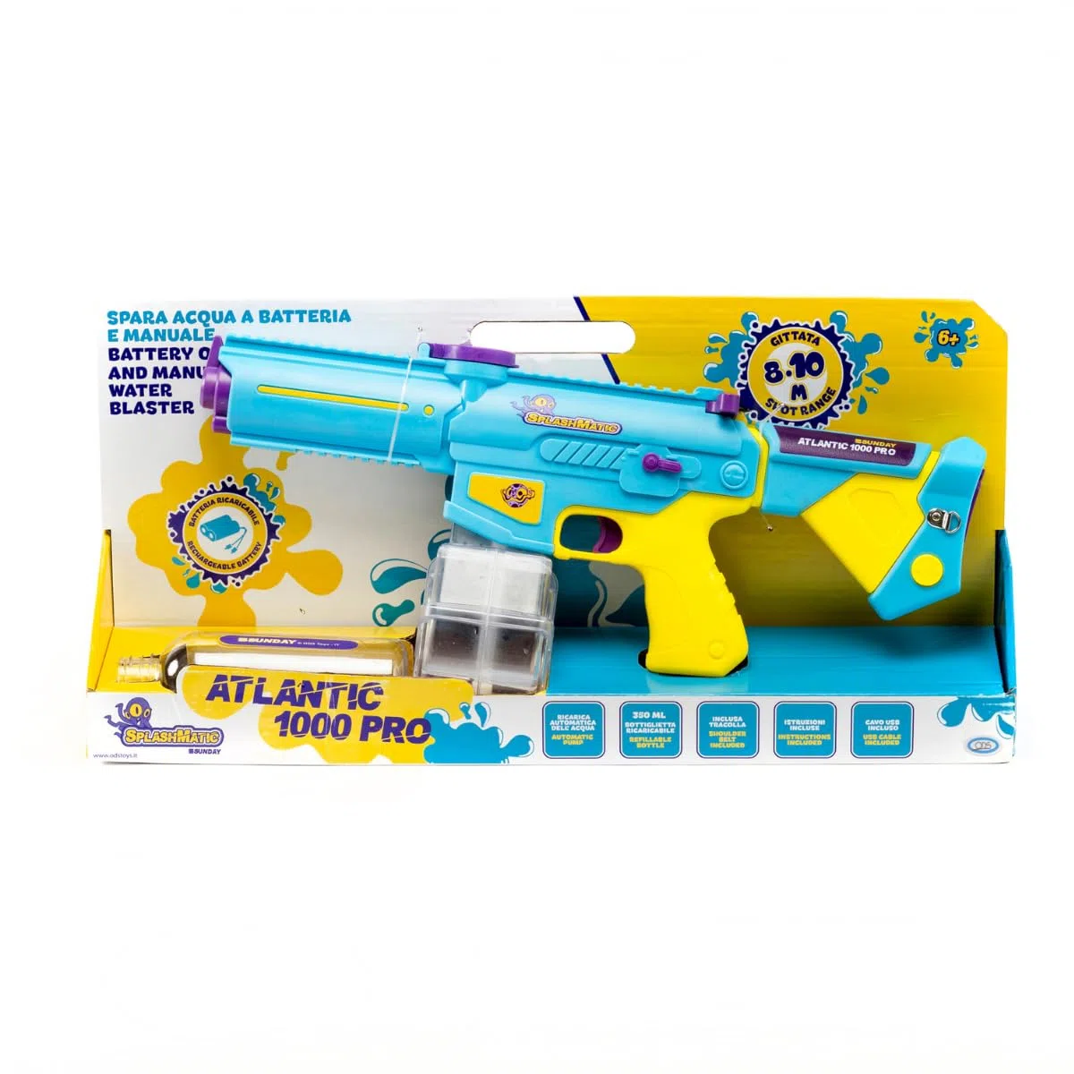 ODS - Splashmatic Atlantic 1000 PRO, Spara Acqua a Batteria con Ricarica USB, Pistola ad Acqua Lunghezza 50 cm, Capacità Serbatoio 1000 ml, Automatico e Manuale, Età Consigliata +6 Anni