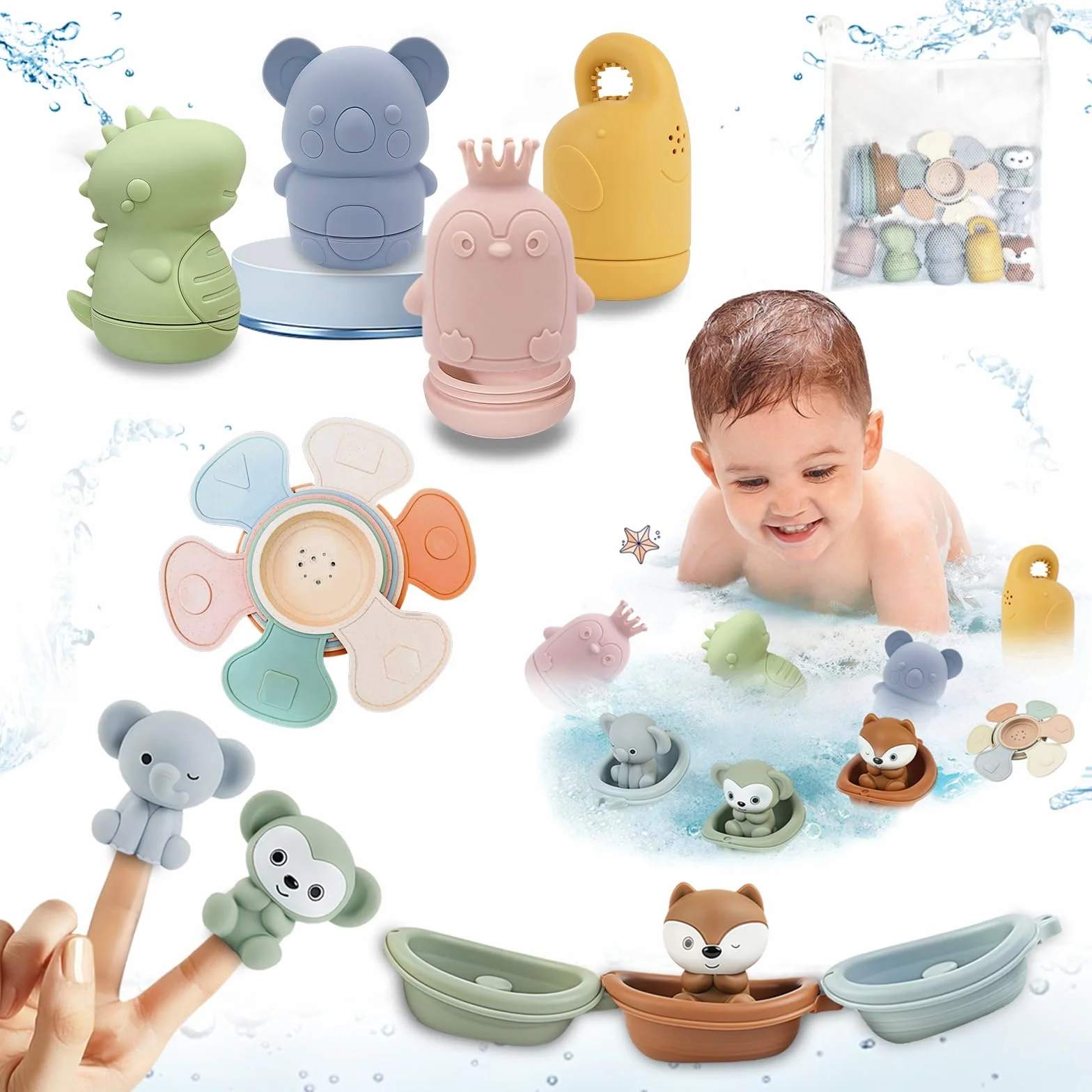 Giocattoli da Bagno Bambini, 16 Pezzi Morbido Silicone Giochi Bagnetto, Giochi Bagnetto, Gioco Sensoriale per Neonati Ragazze Ragazzi 1 2 3 Anni, Giocattolo a Acqua per Bagno, Piscina, Spiaggia