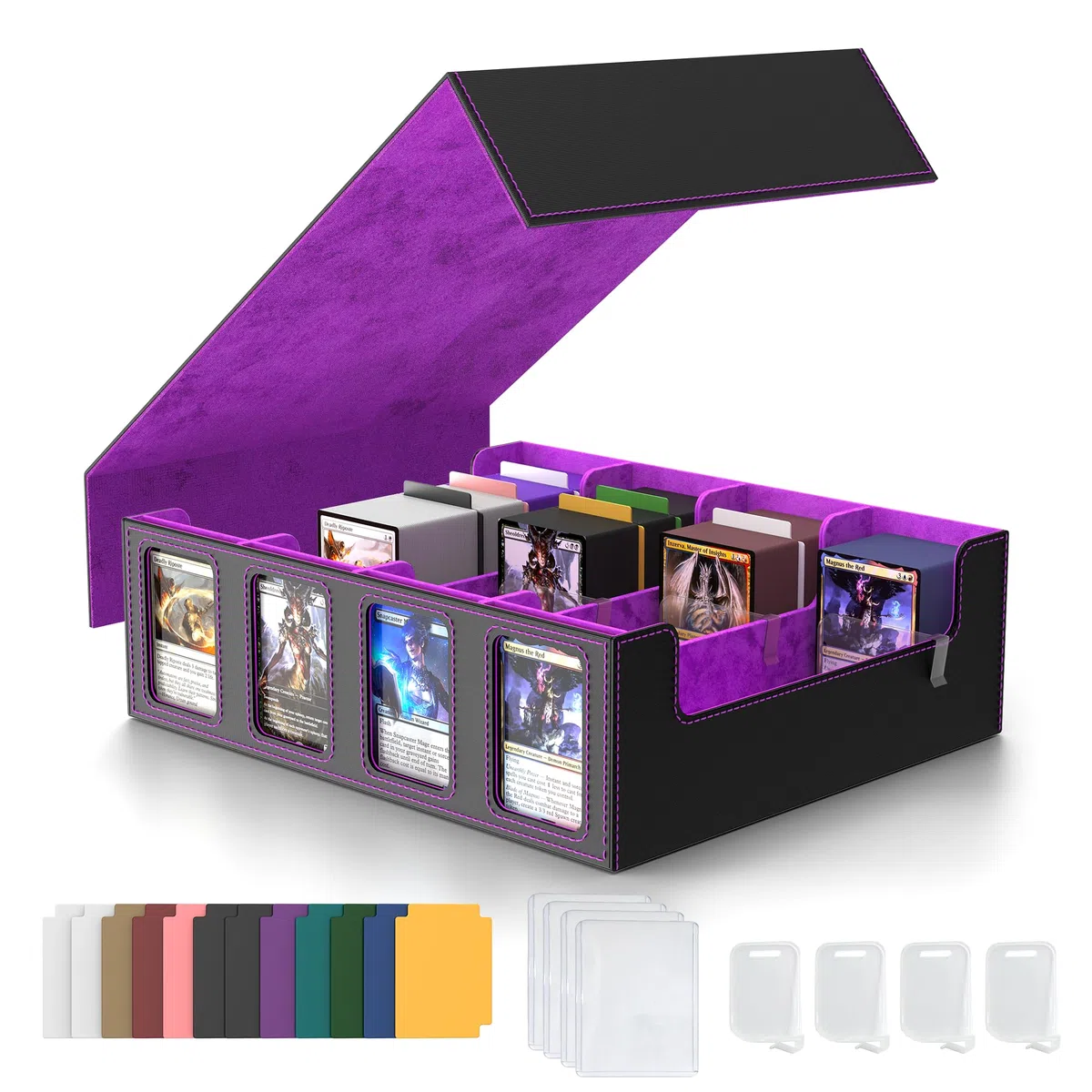 Scatola di conservazione per carte da collezione, Commander Deck Box per oltre 2400+ carte MTG, porta carte per TCG e PTCG con custodia rimovibile, 4 fermagli e 12 divisori (viola)