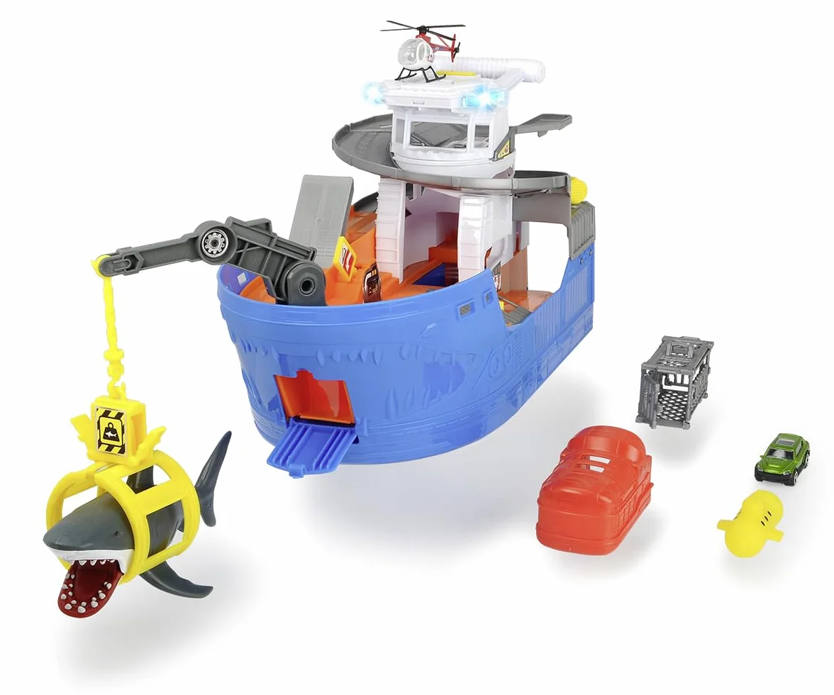 Dickie summer shark attack, barca cm. 50, con luci e suoni: gru che si muove, barca di salvataggio, inclusi 1 automobile die-cast, un elicottero, 1 sottomarino squeezy, 1 squalo