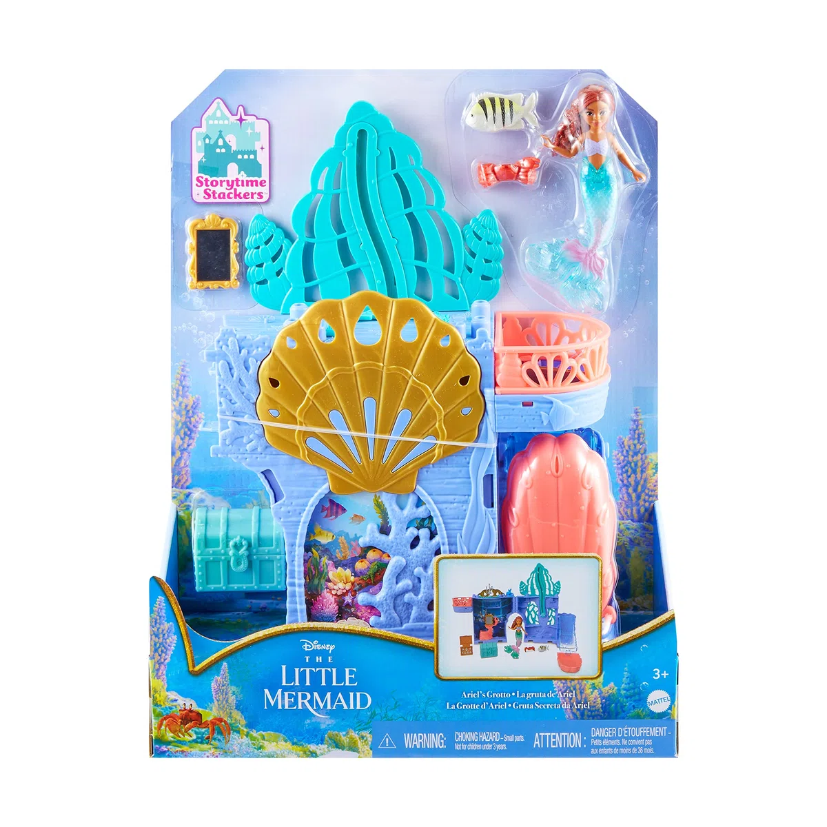 Mattel Disney La Sirenetta - Set C Grotta di Ariel, playset impilabile con mini bambola Ariel, personaggi Flounder e Sebastian e 10+ accessori inclusi, giocattolo per bambini, 3+ anni, HPL54