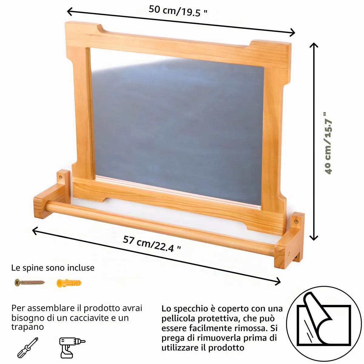 ODOXIA Specchio con Barra per Bambini | Montessori Neonati | Per il Pull Up | Ideale Casa e Scuola