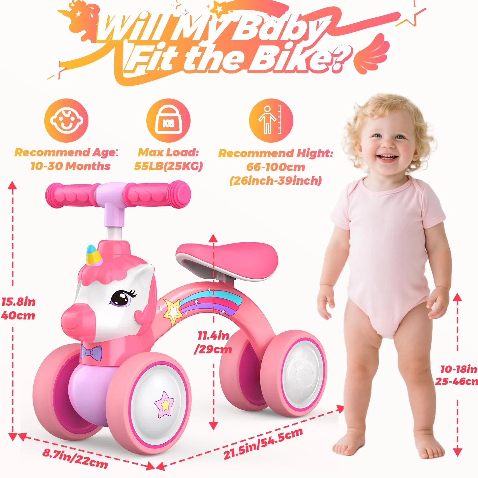 Bicicletta senza Pedali per Bambini 1-2 Anni, Bilanciere con Unicorno, Ruote Silenziose e Lucenti, Regalo per Bambini 1-2 Anni, Regalo di Compleanno, Rosa, Max 25kg