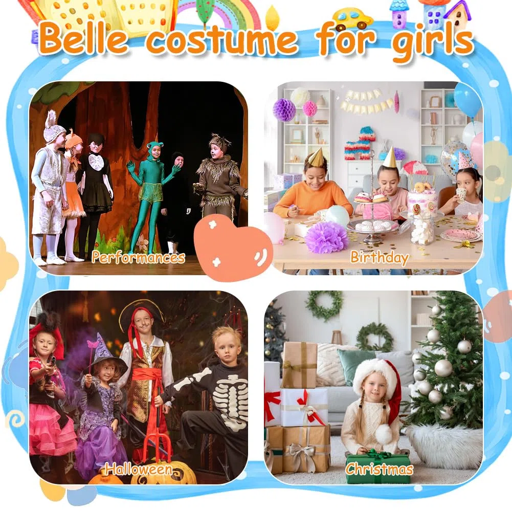 Belle Costume, Ragazze La Bella e La Bestia Costumi, 6 Pezzi Principessa Belle Vestito, con Corona Bacchetta Guanti, Ragazze Bella Abiti Set per Cosplay Natale Festa Party Halloween, 140