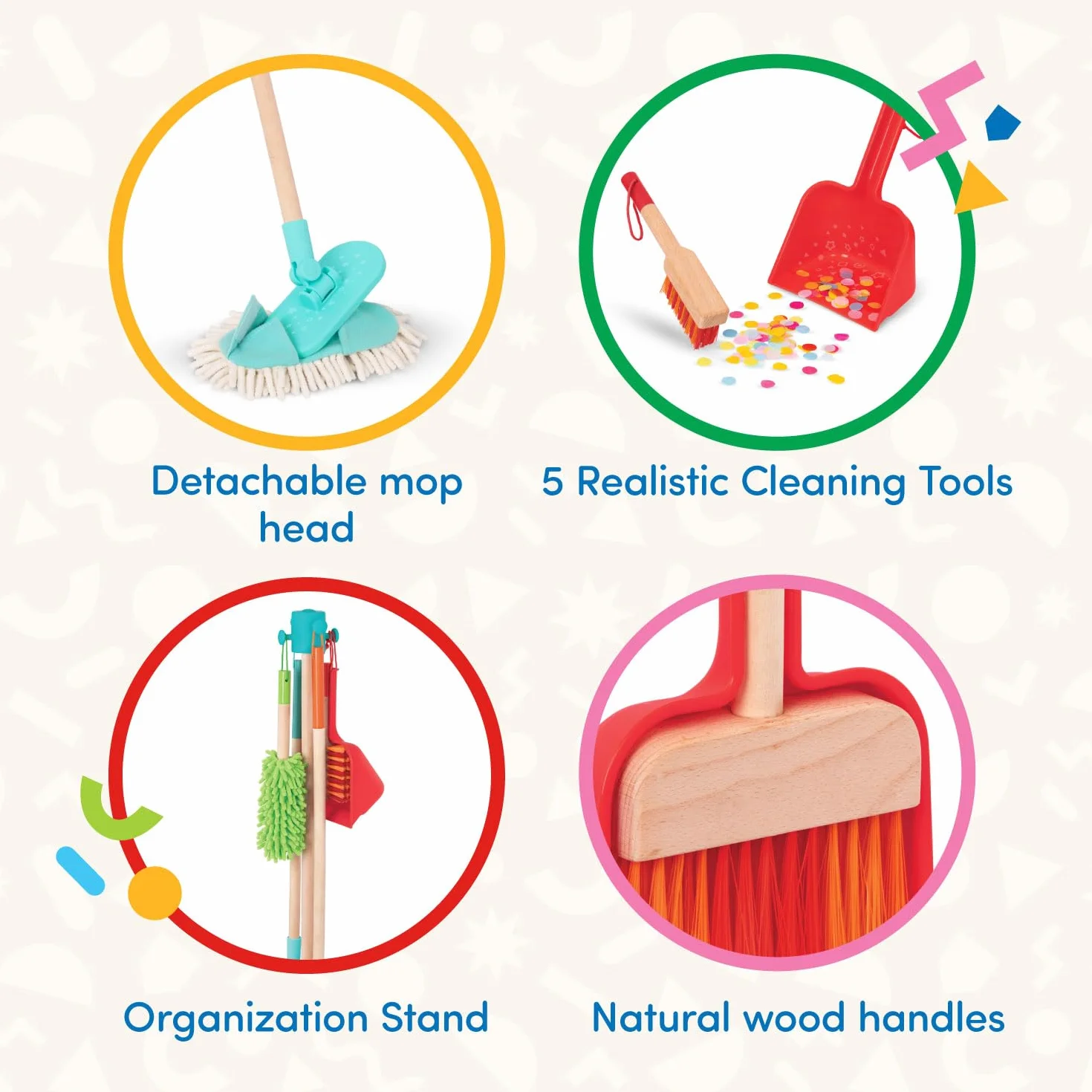 Battat - Set di pulizia Sweep n' Clean per bambini - Giocattoli di pulizia con scopa, mocio, spazzola, paletta e spolverino - Kit da gioco educativo per bambini, 2 anni +