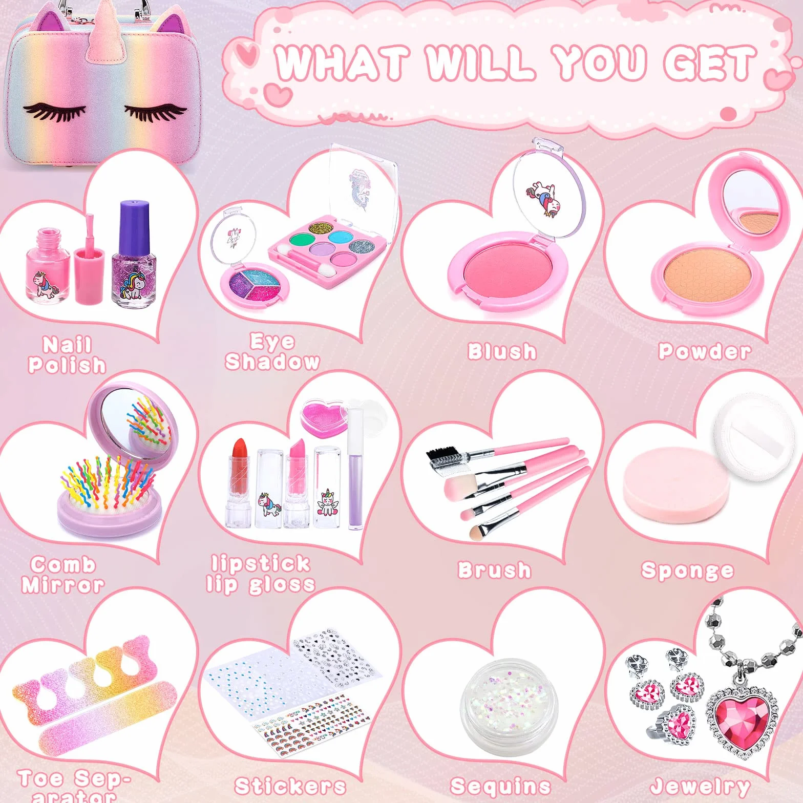 Set di trucchi per bambine, 31 pezzi, lavabili, con astuccio per il trucco, set per il trucco per Natale e compleanno, per bambine e ragazze