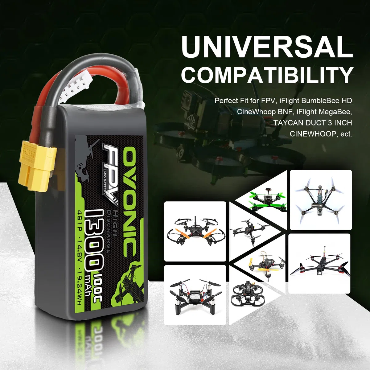 OVONIC Batteria Lipo 4s 14.8V 1300mAh 100C con connettore XT60 per FPV Racing RC Quadcopter Elicottero Aereo Multi-Motore Hobby Parti fai da te (2 confezioni)