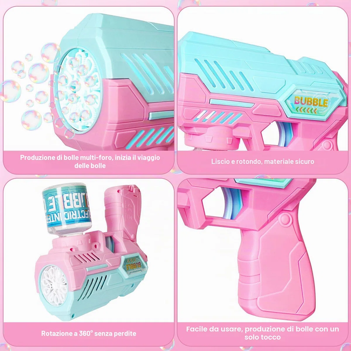 Pistola Bolle di Sapone, Sparabolle di Sapone - Set da 2 Pezzi - 20 Confezioni di Liquido per Bolle, Design a Colori con Giunzioni, con Luce LED, Completamente Automatico