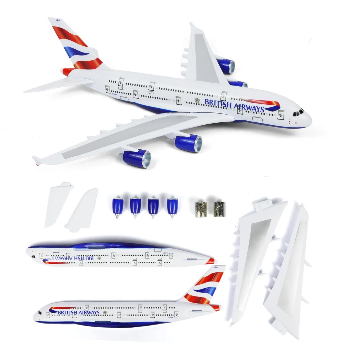 Modellino di aereo da assemblare in scala 1/280 compatibile con Airbus A380 British Airways, kit di montaggio rapido in plastica con supporto, lunghezza 25,5 cm, esposizione o come regalo