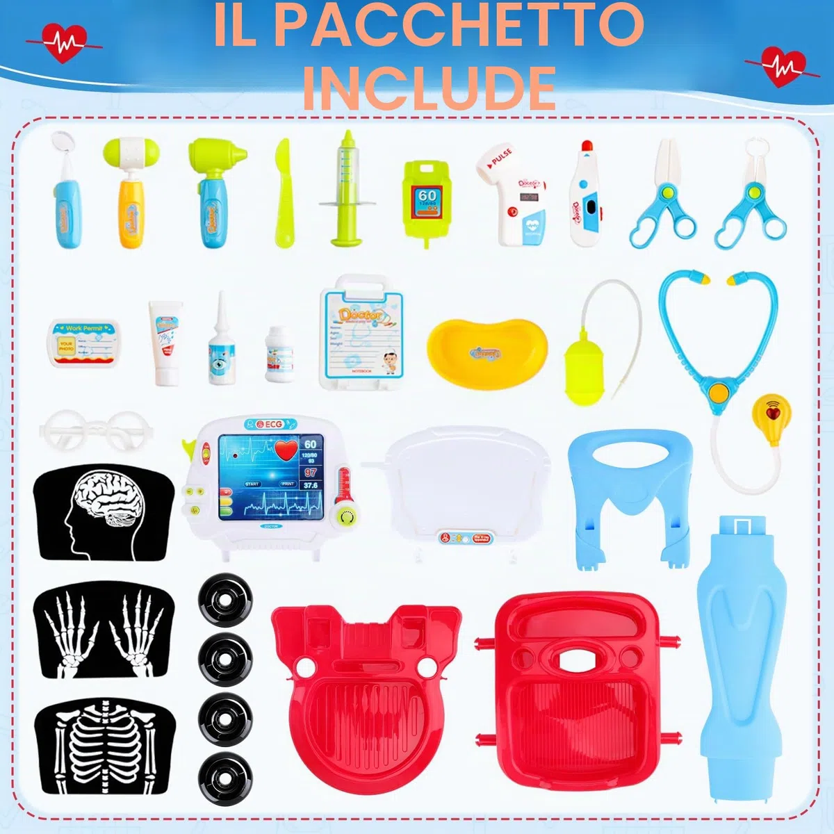 deAO Carrello da Dottore con Suoni e Luci, Kit Medico Giocattolo Dottore con Stetoscopio Siringa Termometro Pulsometro, Dottore Infermiere Medico Carrello per Ragazzi Ragazze Compleanno Natale Regalo
