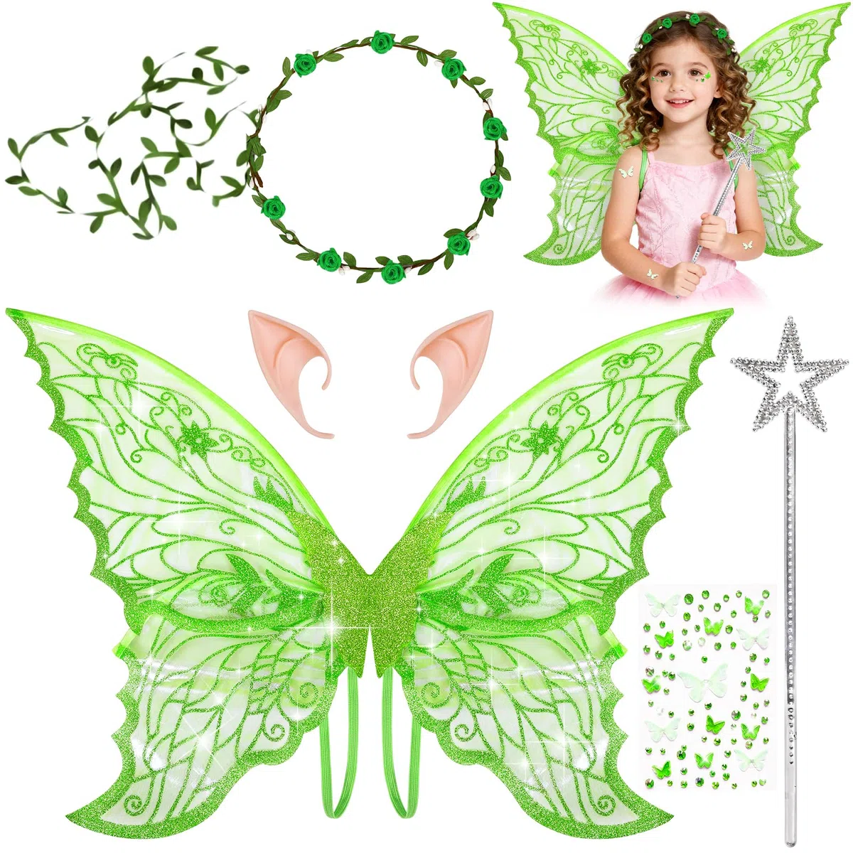 5 Pezzi Ali da Fata a Forma di Farfalla,con Orecchie da Elfo,Cerchietto da Fata,Bacchette di Fata a Stella,Adesivo Farfalla,per Carnevale,Compleanno,Giochi di Ruolo.3-12(Verde)