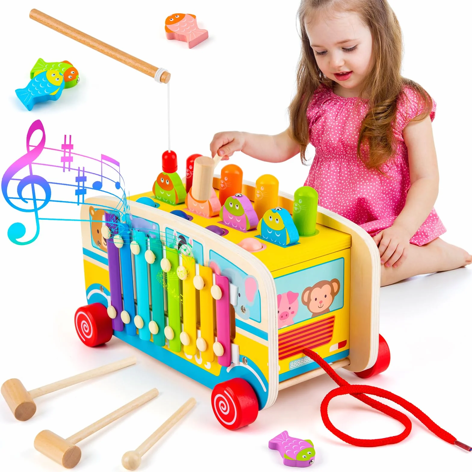 Sundaymot Giochi Montessori 3 Anni, Gioco per Bambini 4 in 1 con Xilofono, Pesca, Whack-a-Mole, Regalo Bambino 3 4 5 6 Anni per Natale, Festa dei Bambini, Compleanno