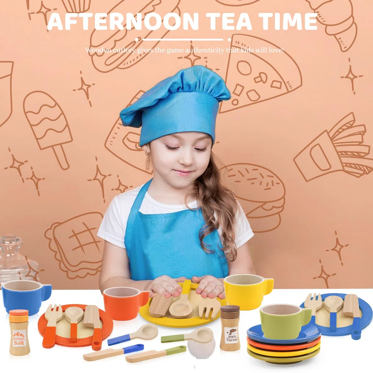 CHRI 26 pezzi accessori da cucina per bambini in legno, accessori per cucina giochi in legno