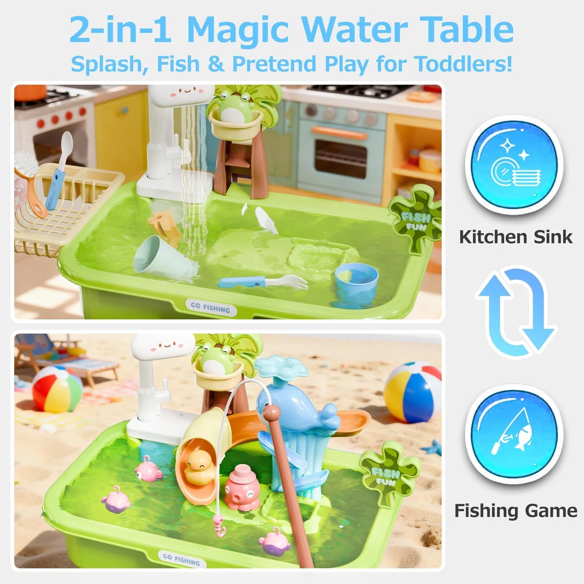 Tavolo da gioco acquatico per bambini dai 3 anni in su, un acquario 4 in 1 con circolazione dell'acqua realistica e gioco di pesca; gambe regolabili in altezza; adatto a maschi e femmine (Verde)