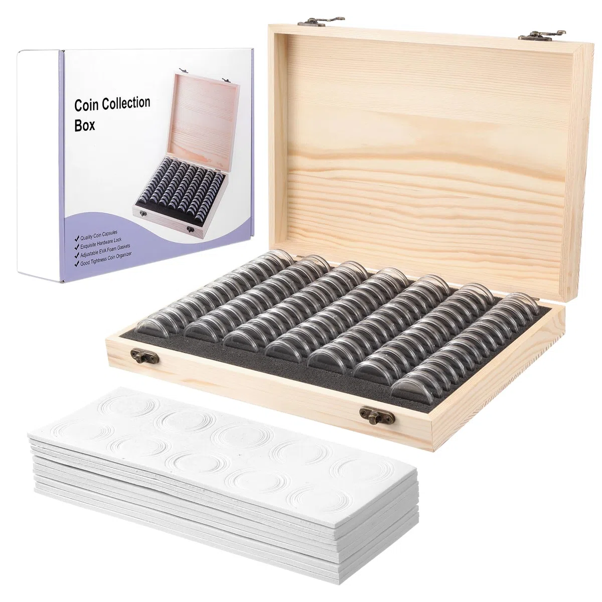 Capsule per Monete, Scatola per Raccolta di Monete in Legno, Portamonete da Collezione, Portamonete in Legno per Collezionisti 18mm, 21mm, 25mm, 27mm, 30mm (100 Capsule per Monete)