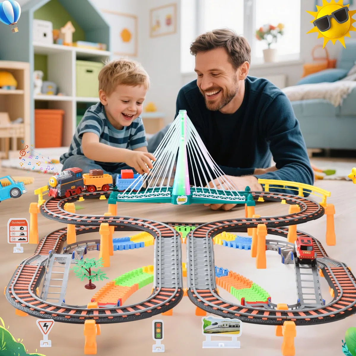 Trenino Elettrico per Bambini, 215 PCS Piste Macchinine per Bambini, Giocattolo Auto Pista Flessibile, Piste per Automobili con Ponte, Regalo Natale Compleanno 3-12 Anni
